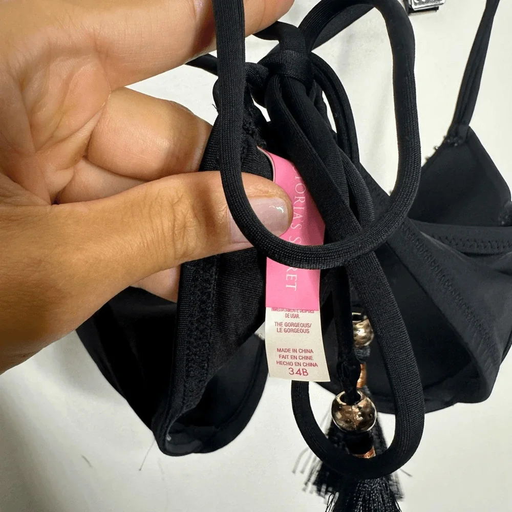 Y2K 00s VICTORIA'S SECRET THE GORGEOUS Push Up Bikini Tassel Black Underwire 34B - Picture 5 of 6